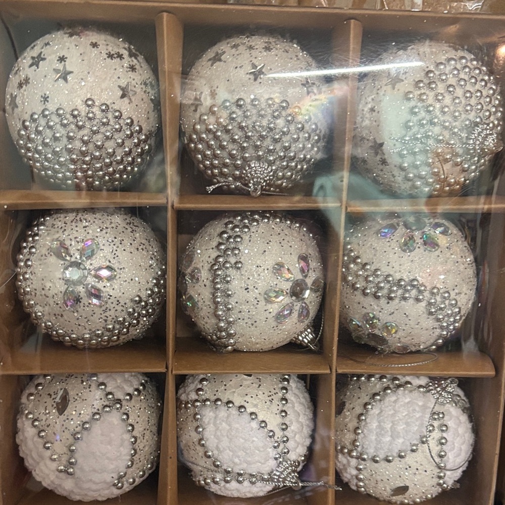 9 Elegant Silver and White Holiday Ornaments Set